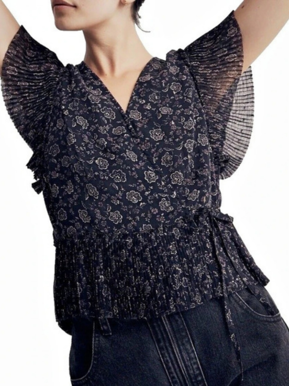 Madewell Navy Flutter-Sleeve Jaquard Wrap Top Size XS